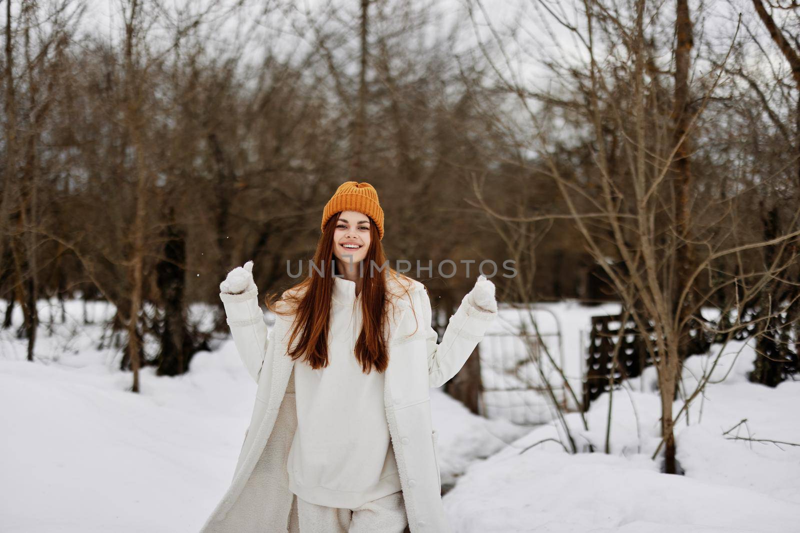 cheerful woman Walk in winter field landscape outdoor entertainment Walk in the winter forest by SHOTPRIME
