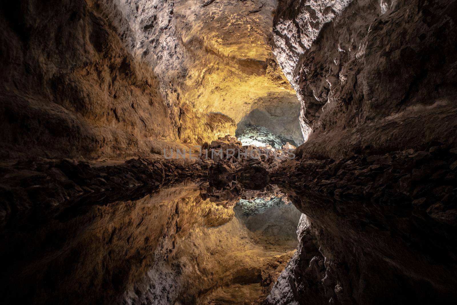 Optical illusion - water reflection in Cueva de los Verdes, an amazing lava tube and tourist attraction on Lanzarote island, Spain.