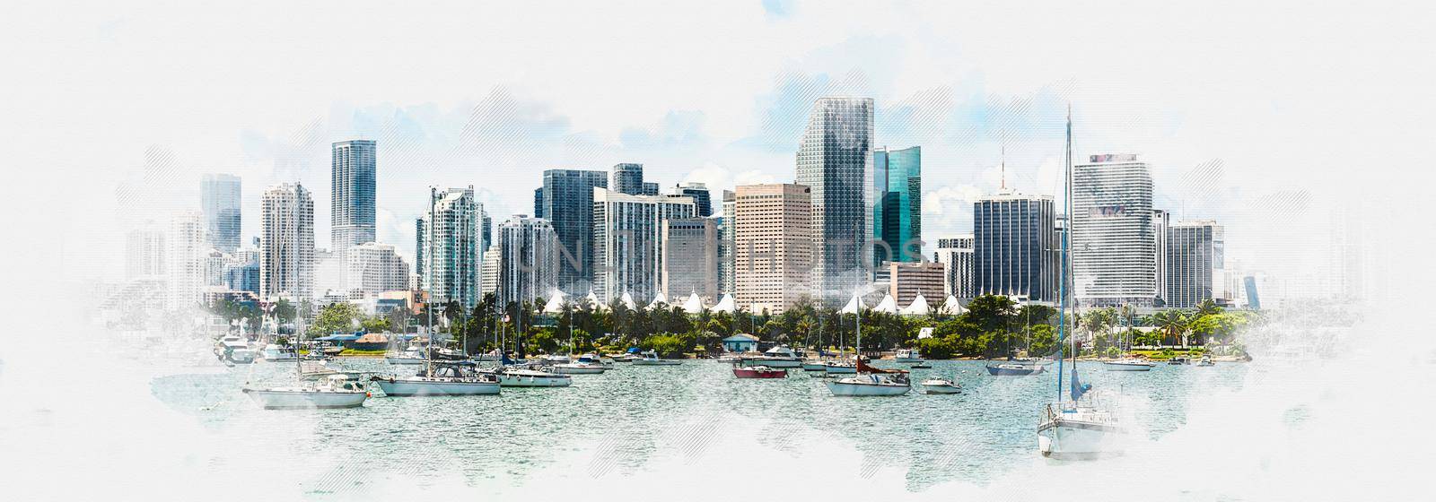 Watercolor paint effect of Miami skyline with many yachts and boats
