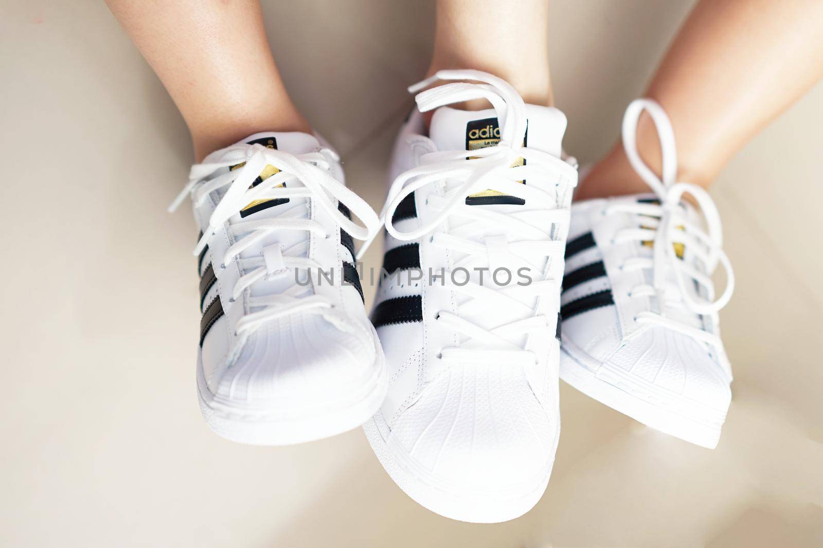 Bangkok ,Thailand,July 18 ,2018-Three white sneaker shoes brand Adidas