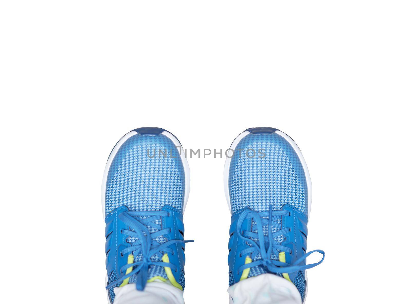 blue kid sport shoes on wearing ,top view on isolated white background