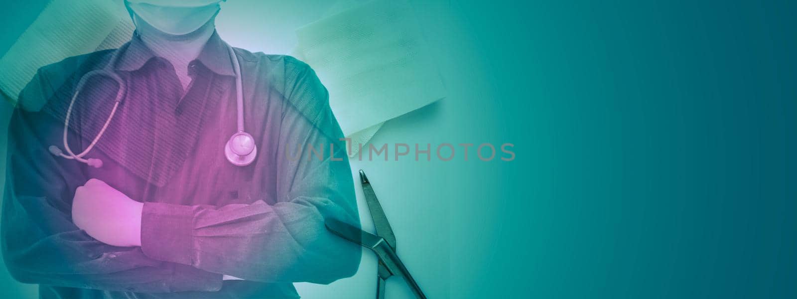 heaet doctor with stethoscope with surgical instrument and heart attack sign awareness with copy space background
