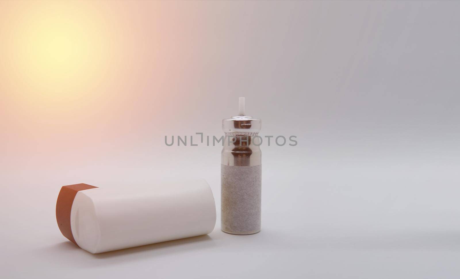 drug for asthma called medicine inhaler and for allergy treatment on white