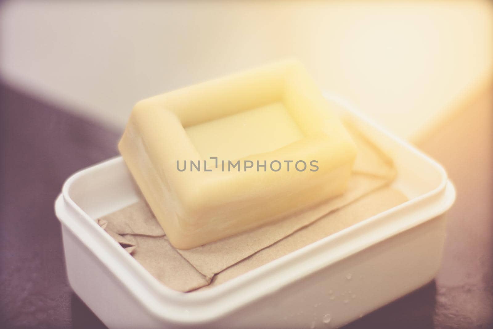 soap bar in bathroom and spa care show purity for shower in container