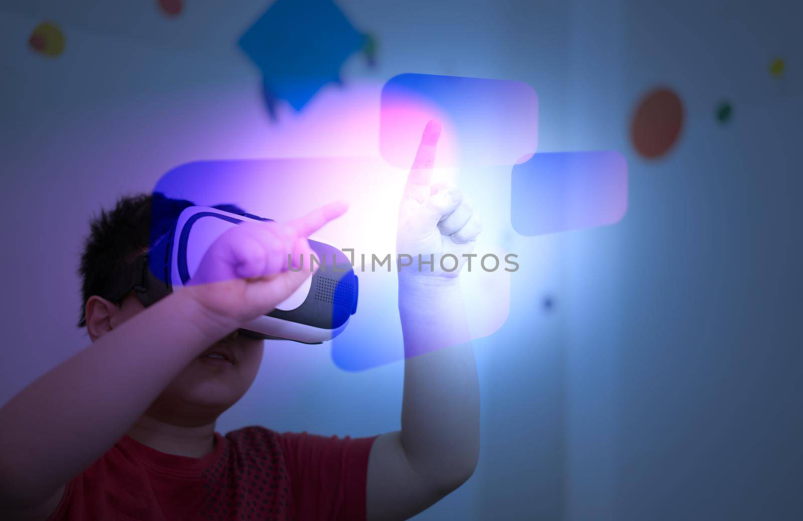 kid child use vr video reality for enter cyberspace internet connect to metaverse by VacharapongW