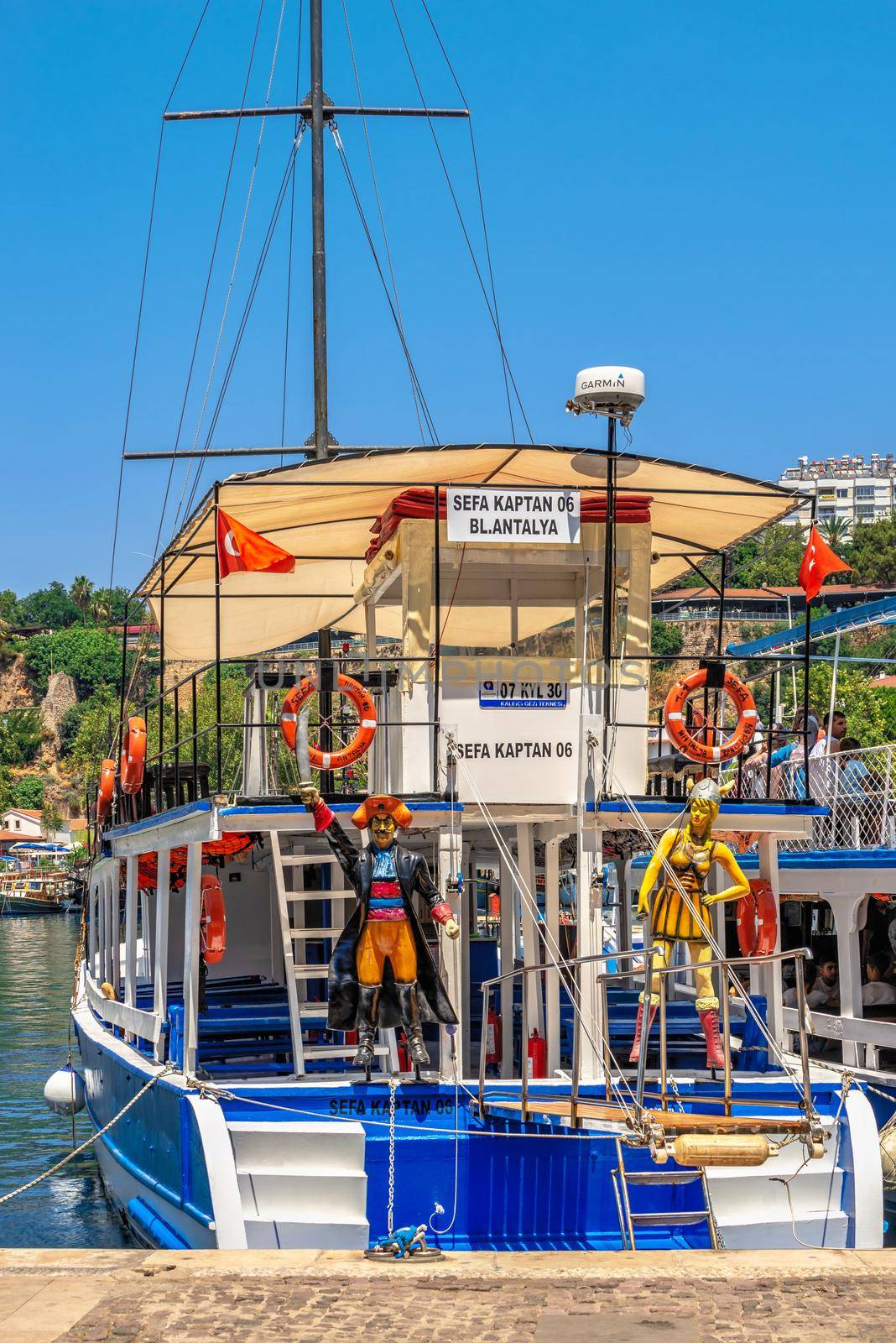 Antalya, Turkey 19.07.2021. Pleasure boats in the Roman harbor of Antalya, Turkey, on a sunny summer day