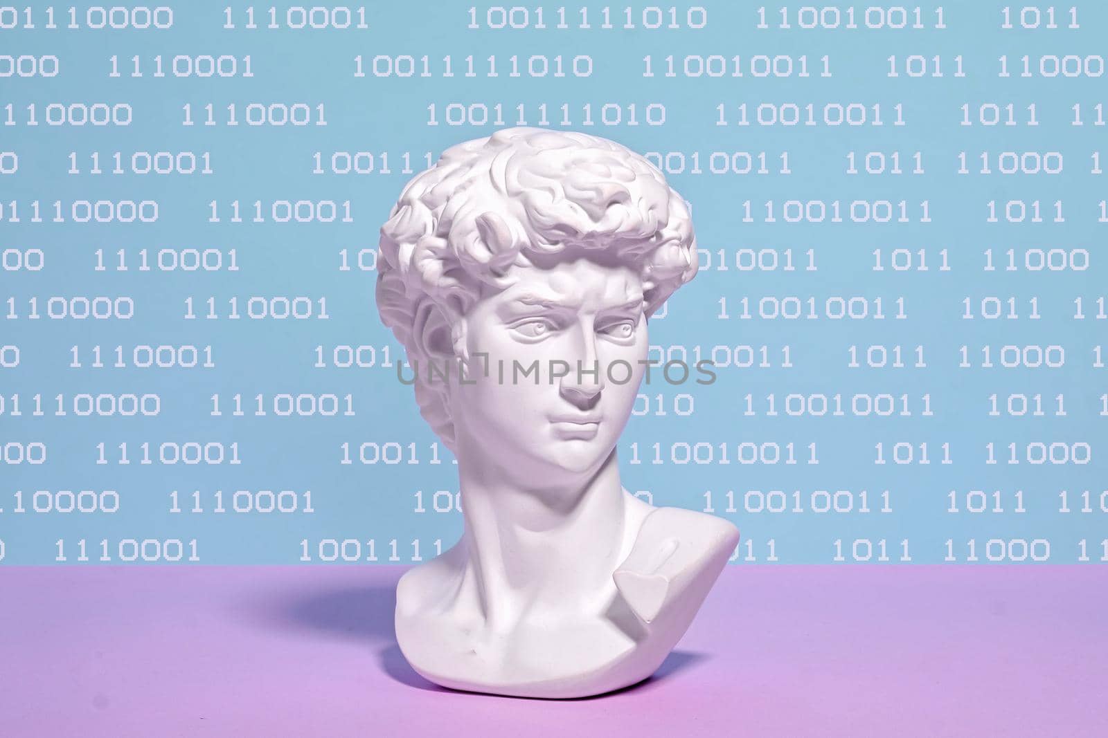 The concept of digital art on the Internet code web display and bust of the statue of David in cyberpunk style