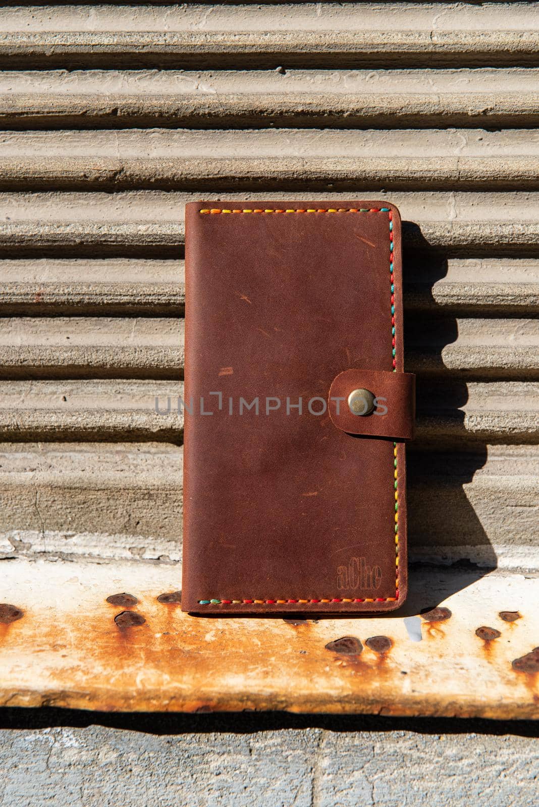 hand made leather wallet . Leather craft. Selective focus.