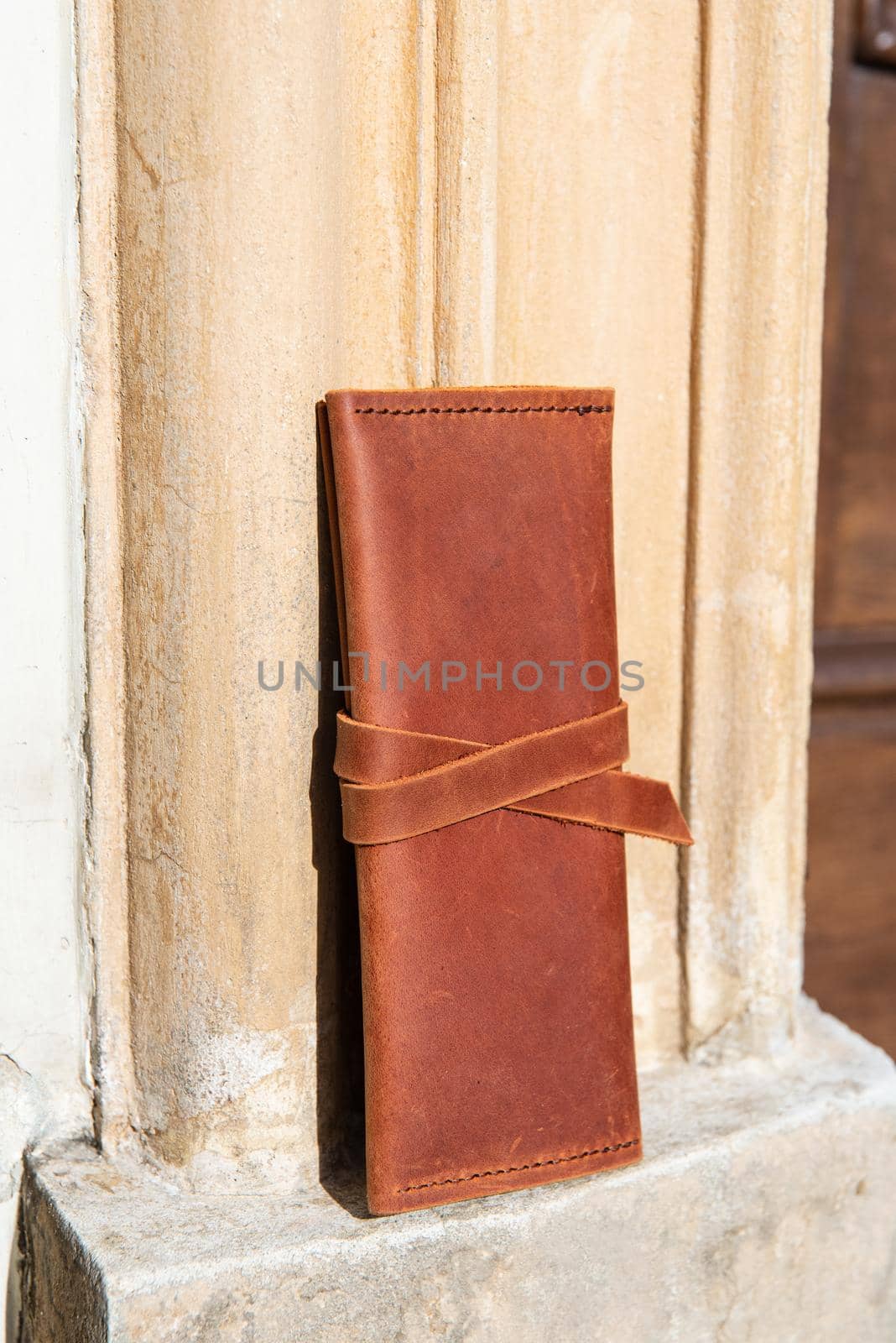 hand made leather wallet . Leather craft. Selective focus.