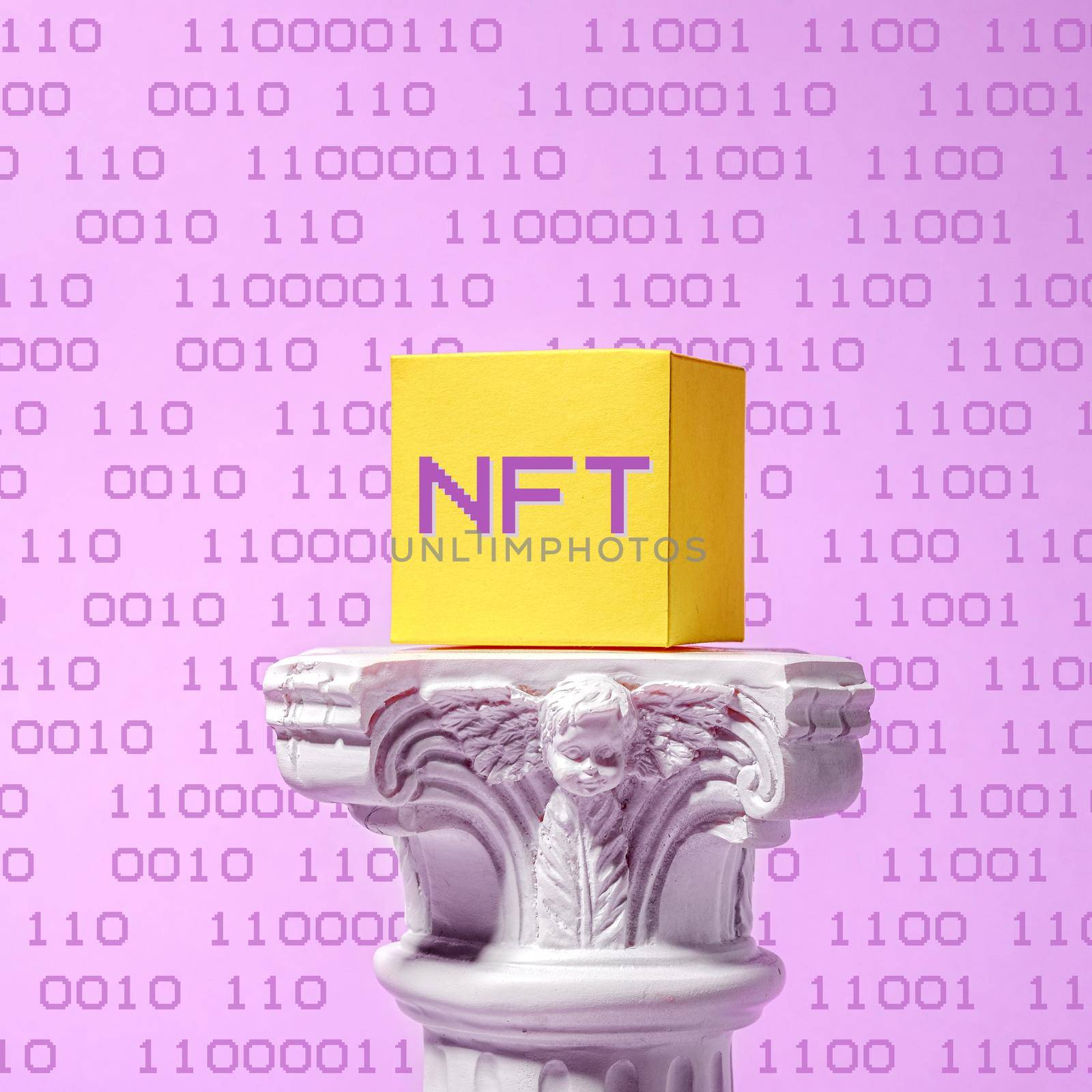 Cryptocurrency block blockchain NFT art roman column pedestal and digital coding