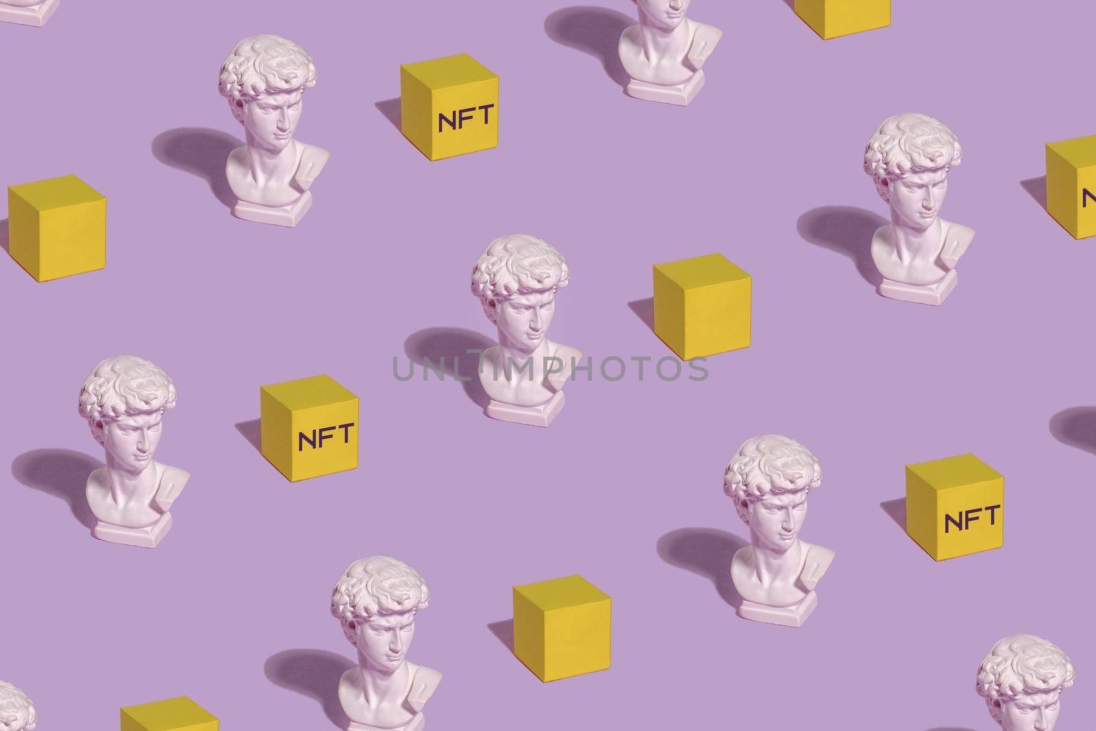 Pattern statue of Roman bust of David and blocks blockchain cryptocurrency NFT innovative payments money and digital art online