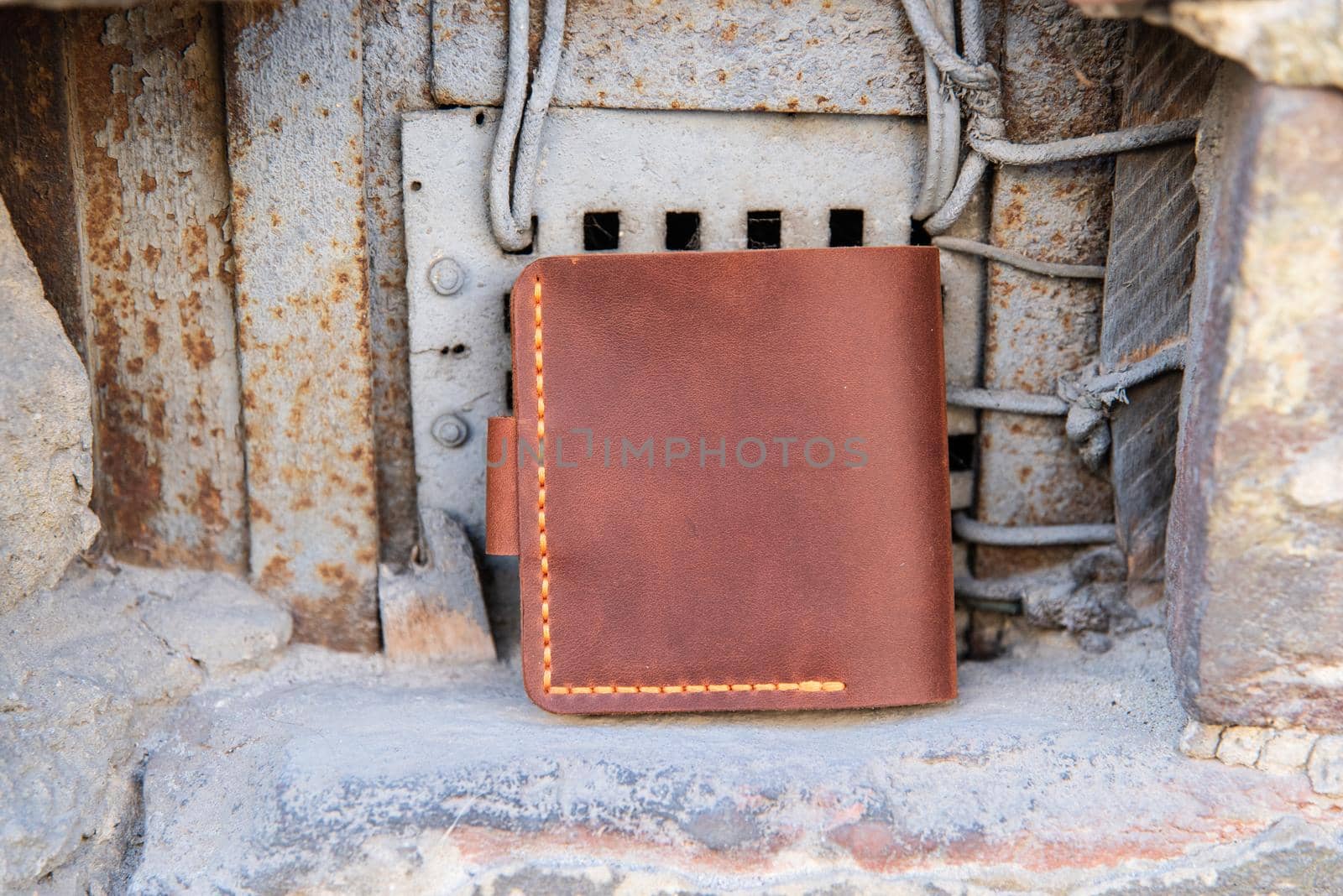 hand made leather wallet . Leather craft. Selective focus.