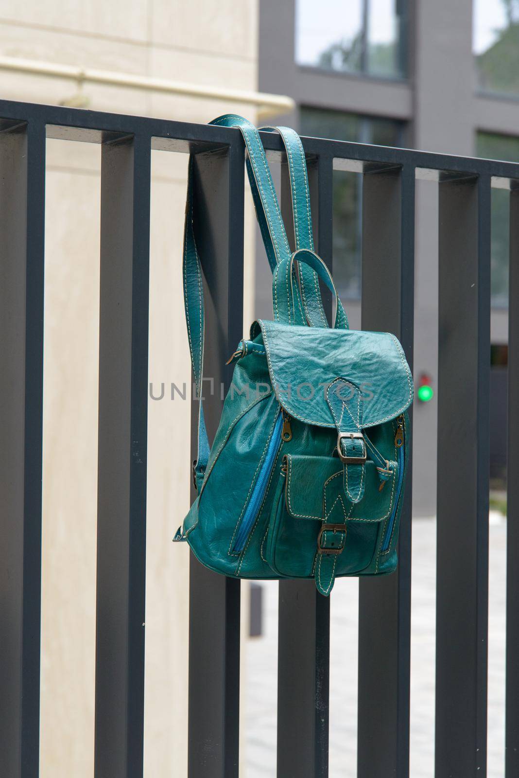 Tiffany leather backpack on the metal fence.