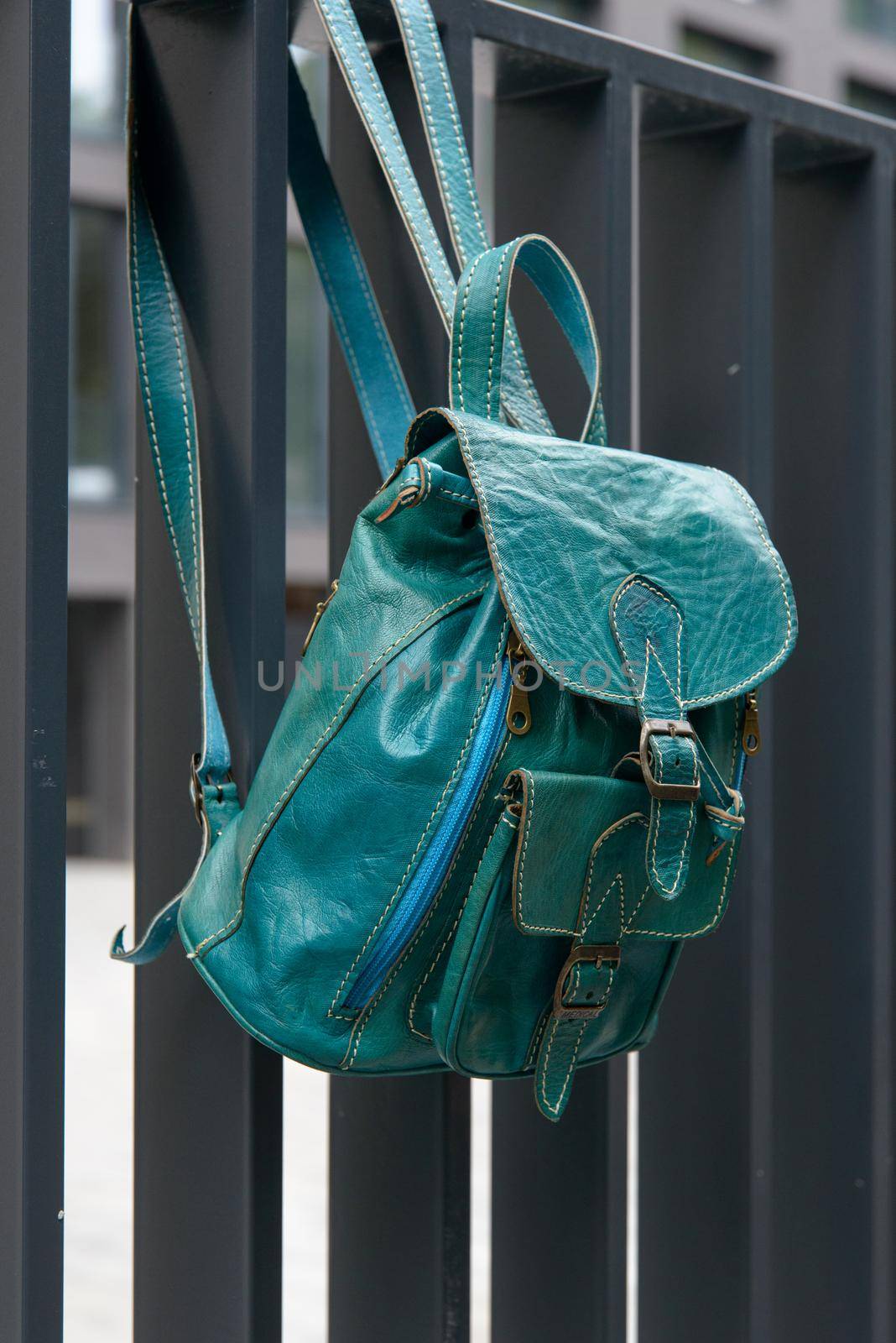 Tiffany leather backpack on the metal fence.