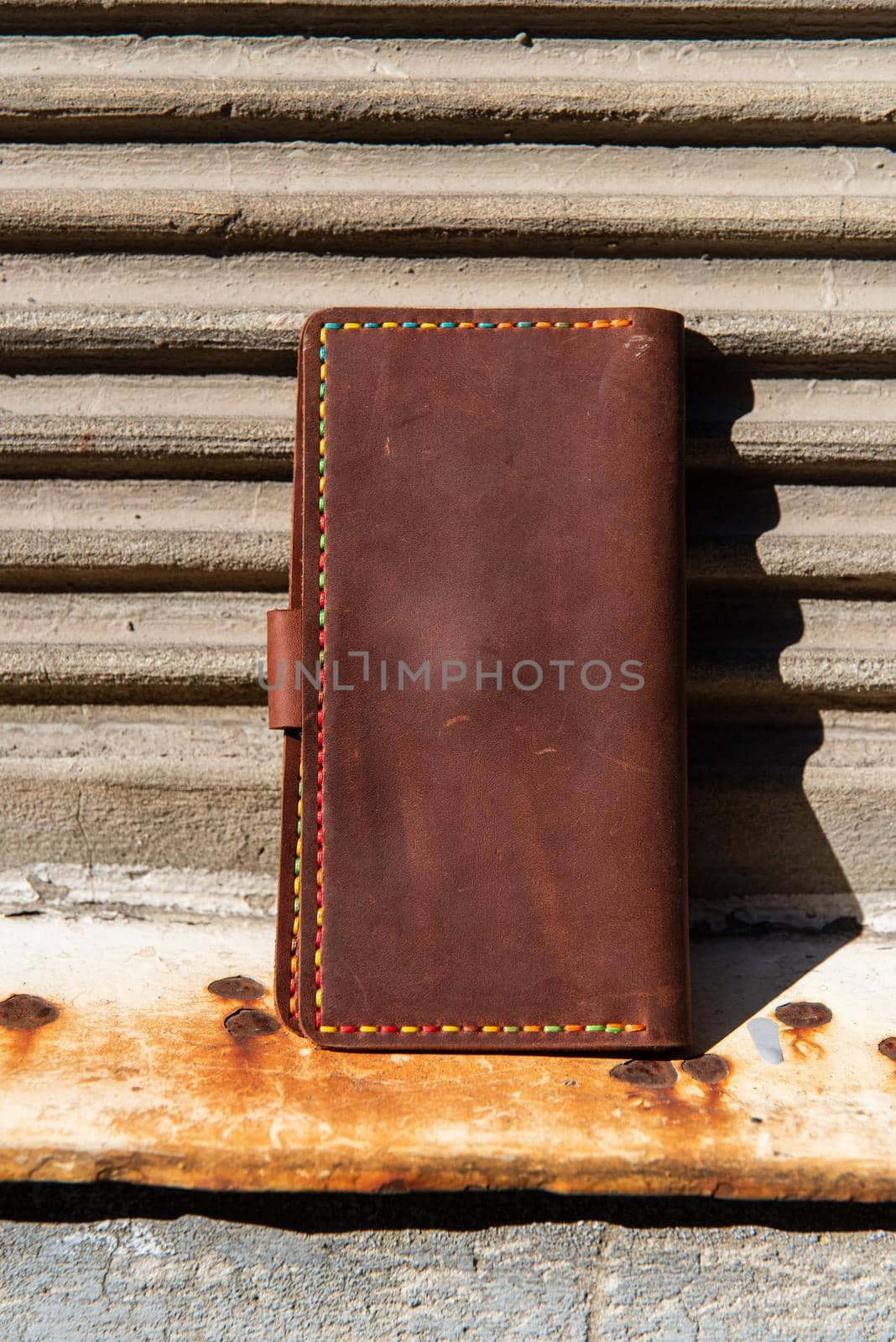 hand made leather wallet . Leather craft. Selective focus.