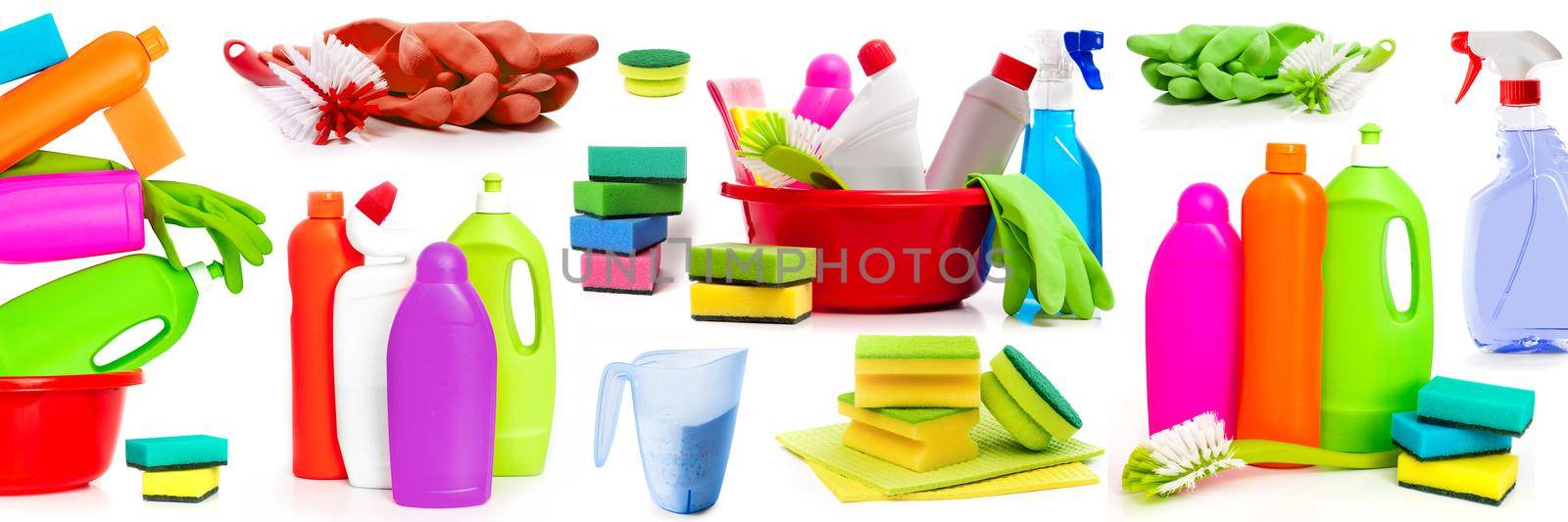 Set various detergents for home cleaning and desinfection isolated on white background. Sanitary colorful suuplies for washing and housekeeping composition