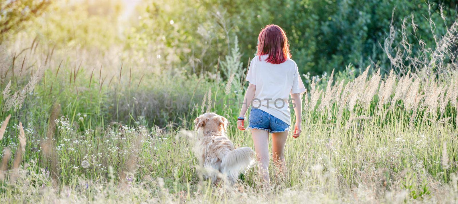 Girl with red hair walking with golden retriever dog at the nature. Back of pretty young female with doggy pet in the sunny field
