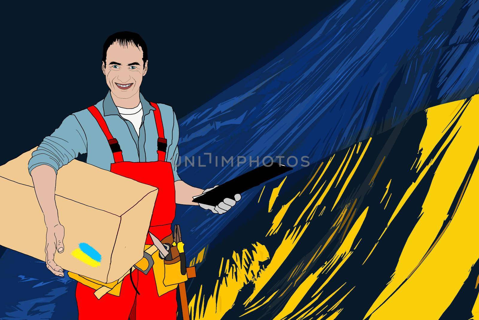 Cardboard box Ukraine. flag of ukraine. delivery man.