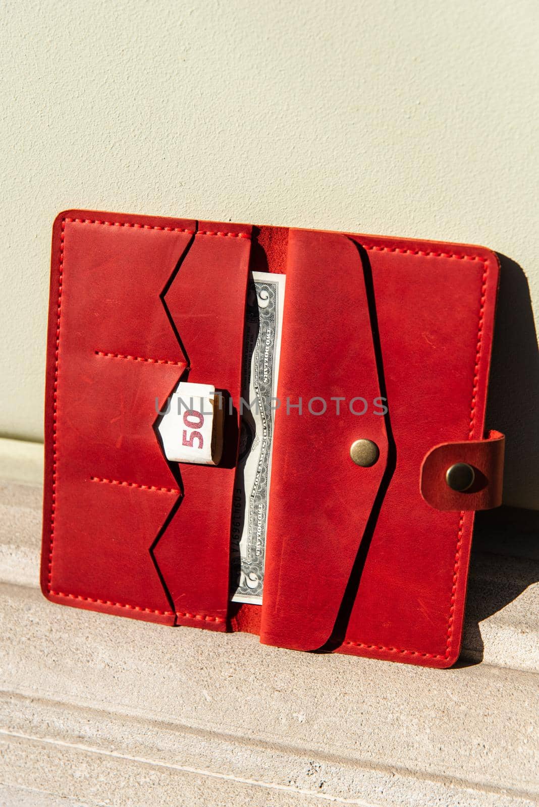 hand made leather wallet . Leather craft. Selective focus.