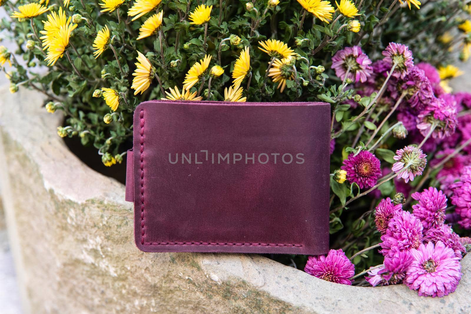 hand made leather wallet . Leather craft. Selective focus by Ashtray25