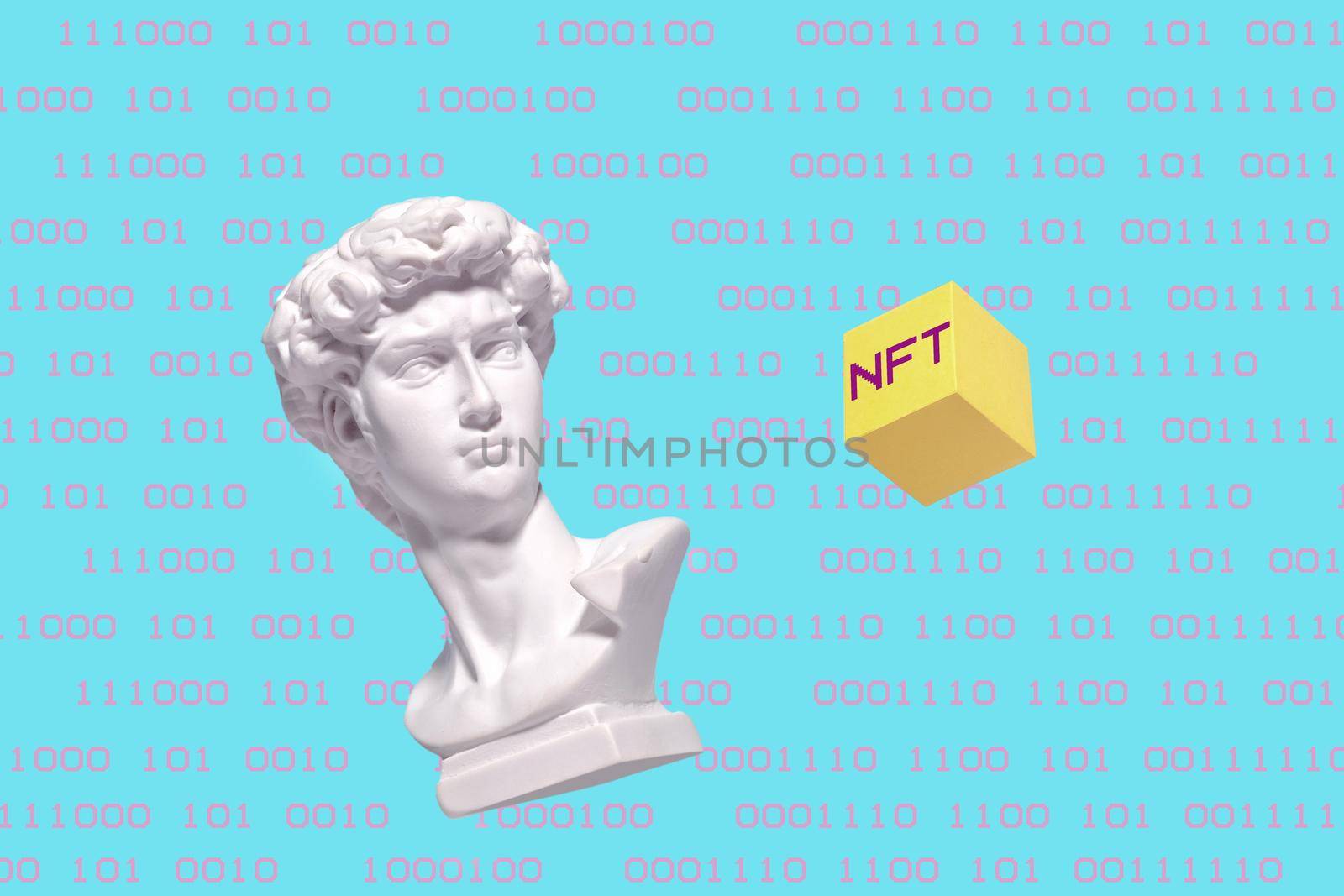 Statue of a bust of Roman David and cryptocurrency NFT and coding. Minimal concept of blockchain and art.