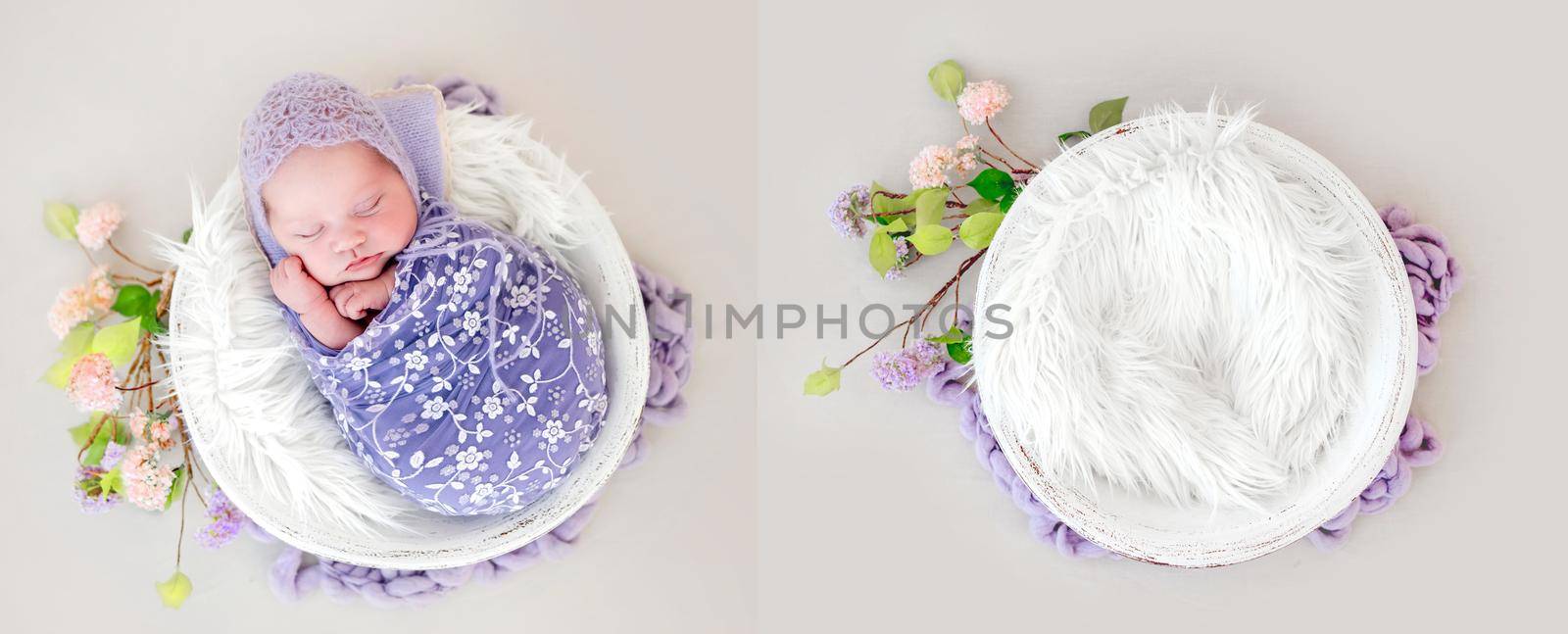 Designed busin with newborn baby girl and empty collage. Decoration for infant studio photoshoot