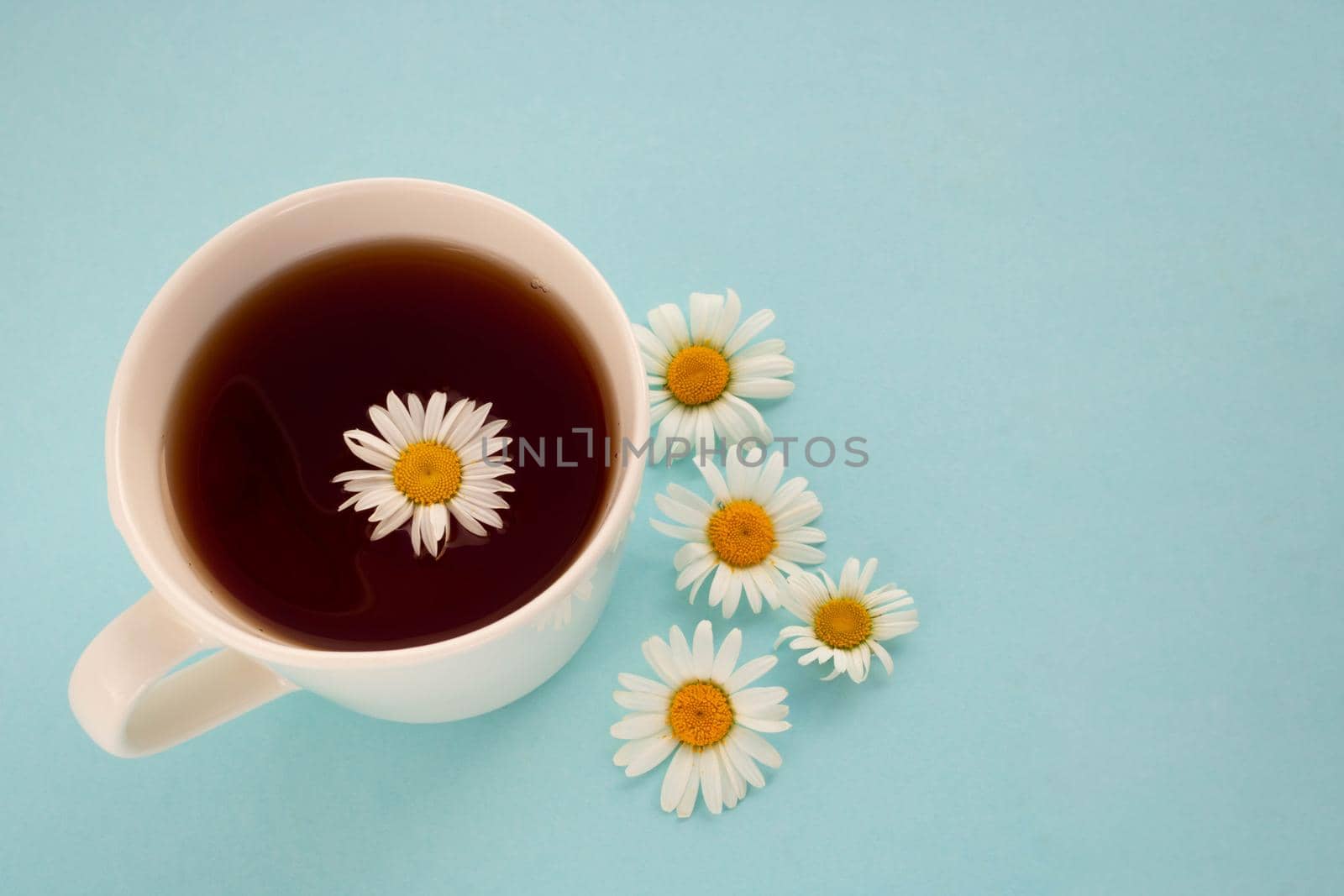 On a blue background, a white cup with tea and daisies by lapushka62