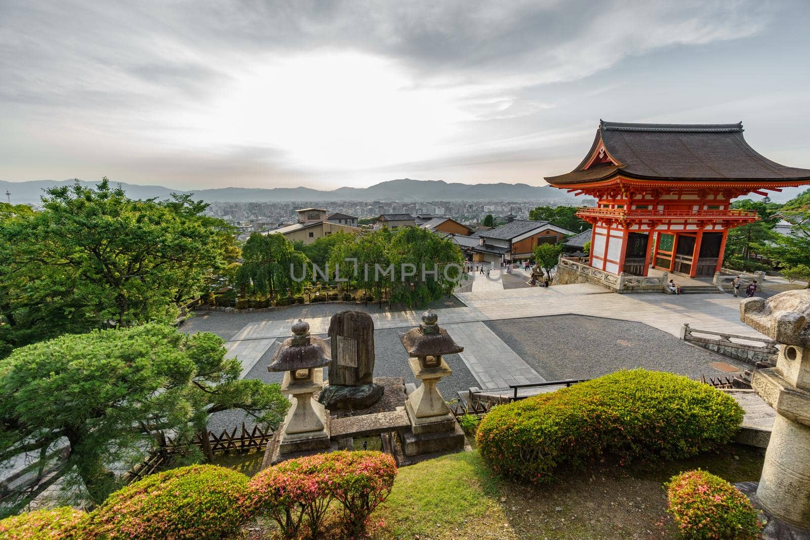 Wide angle view of Kiyomizu-Dera temple at sunset