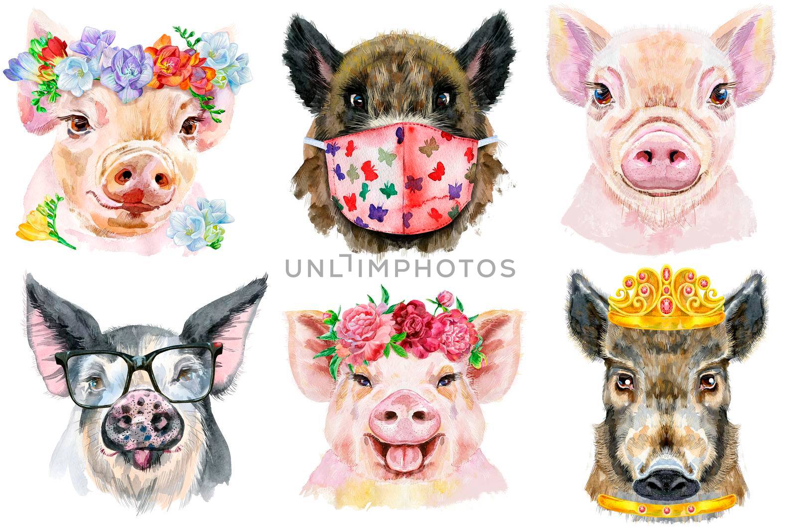 Watercolor illustration of pigs in wreath of peonies, glasses, medical mask and golden crown