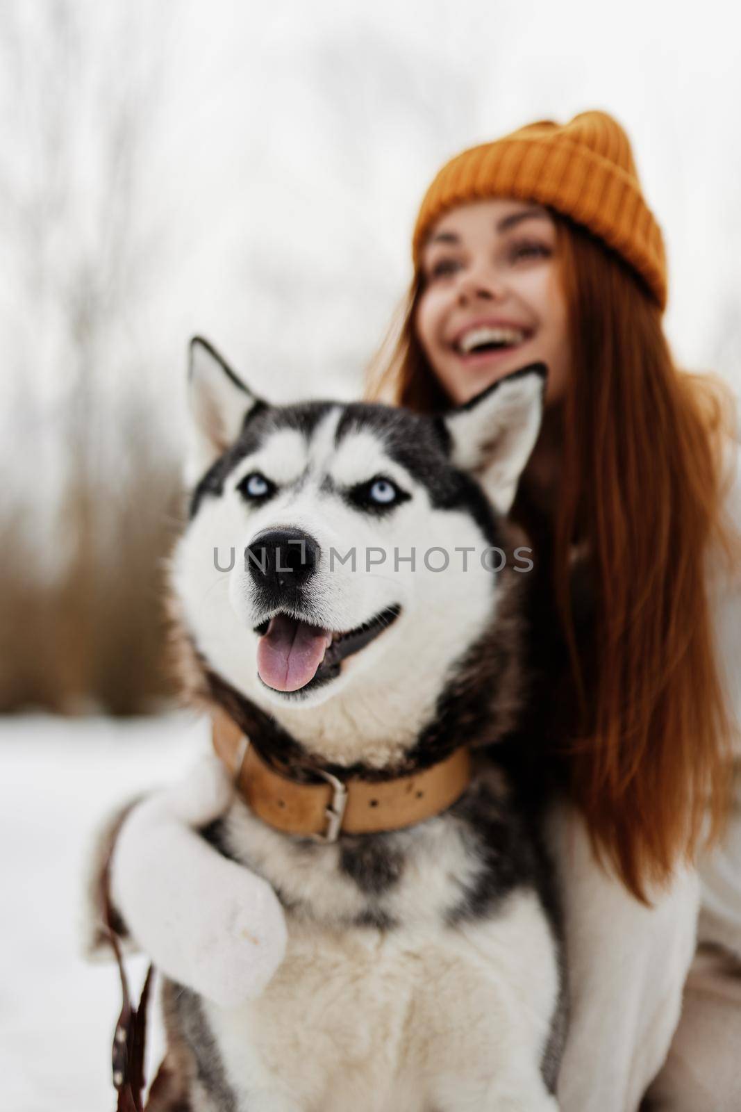 woman with dog winter landscape walk friendship winter holidays by SHOTPRIME