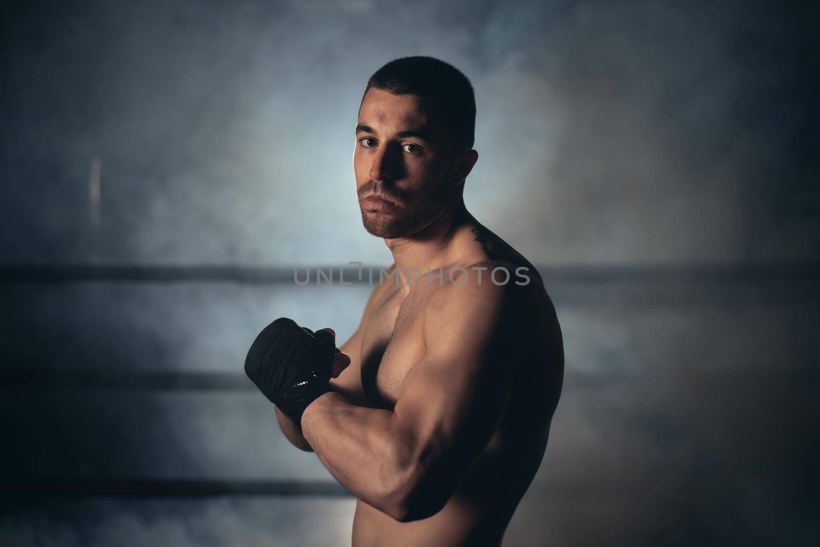 Mixed martial artist posing in a ring. High quality photo