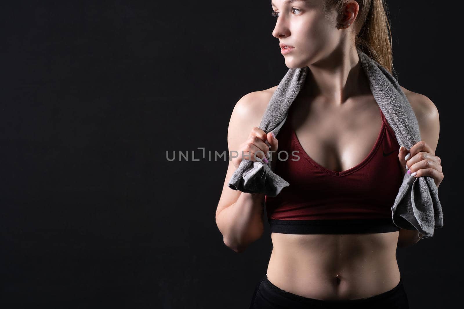 Towel dumbbellsresting shoulders girlgirl on towel fitness black sports caucasian, for fit person in sport and trainer strength, people care. Sweat beauty happy, muscular empty space