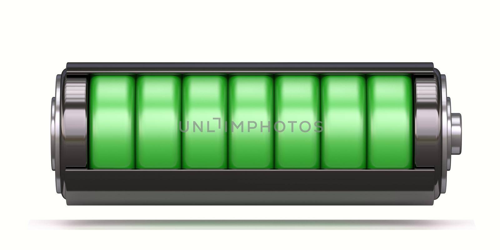 Battery charging concept Full charged battery 3D rendering illustration isolated on white background