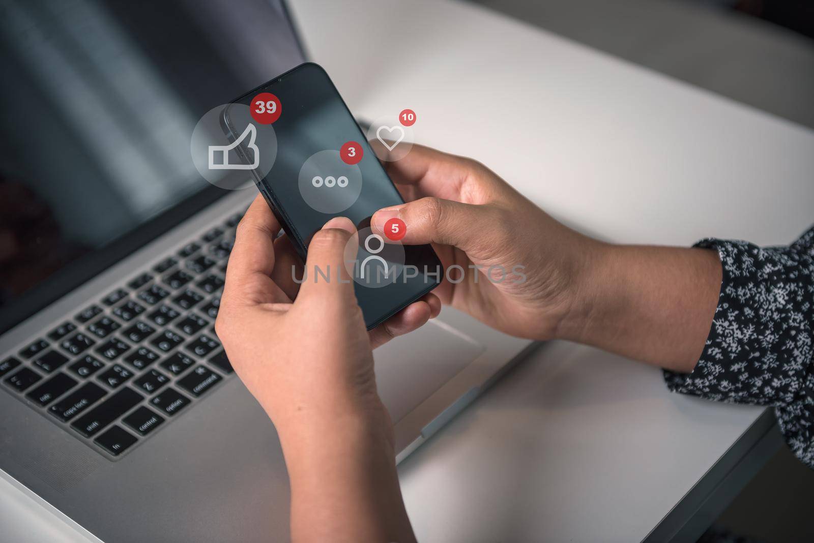 Social Media and Technology Internet Communication Connection Concept. Business Woman's Hands is Using Social Media Via Smartphone With Notification Icon. Technology Digital Media Mobile Phone Network