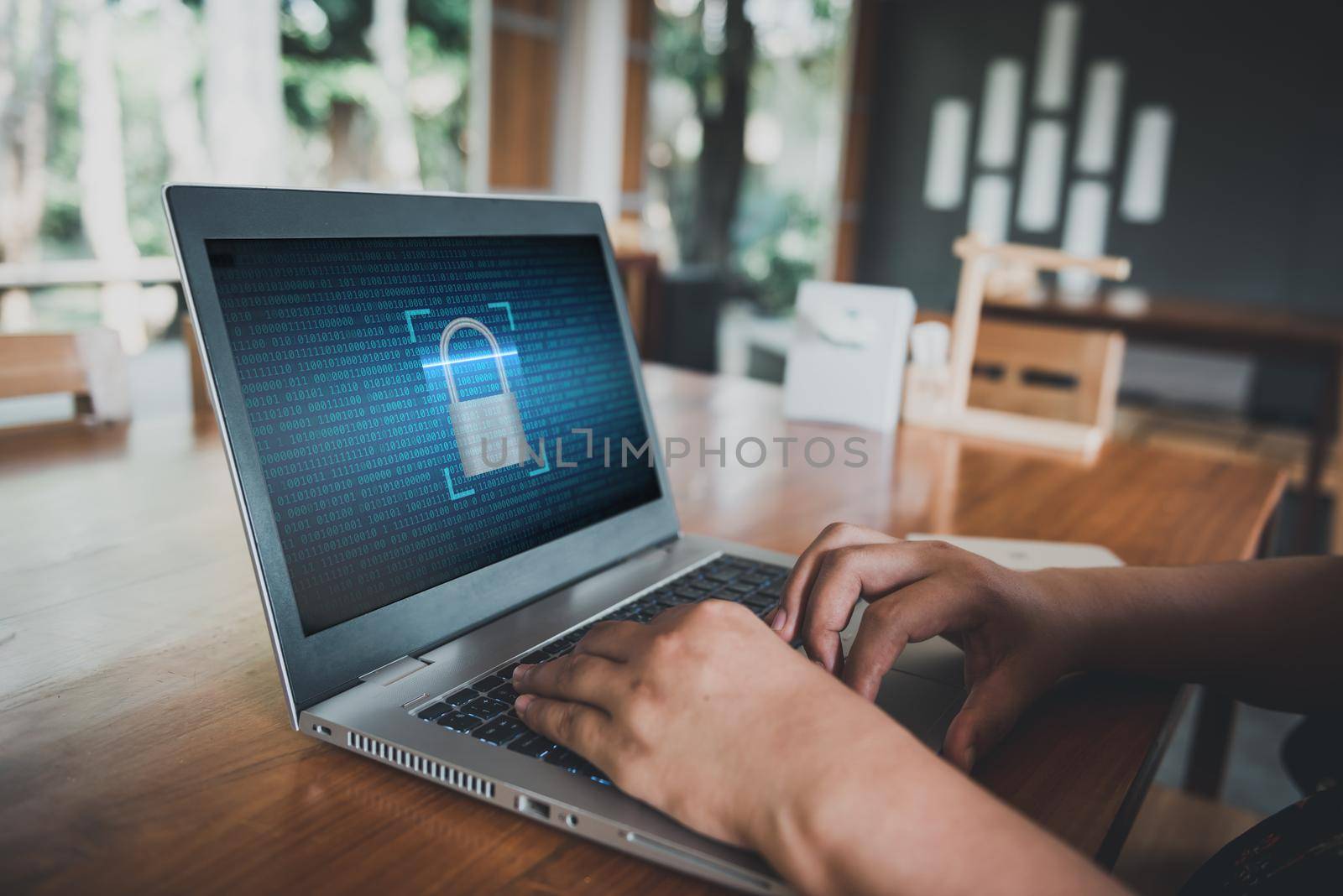 Technology Internet Cyber Secure for Database Privacy, Security Laptop Network Protection for Access Information Systems. Business Woman Using Data Login Password Secure on Laptop. Technology Big Data