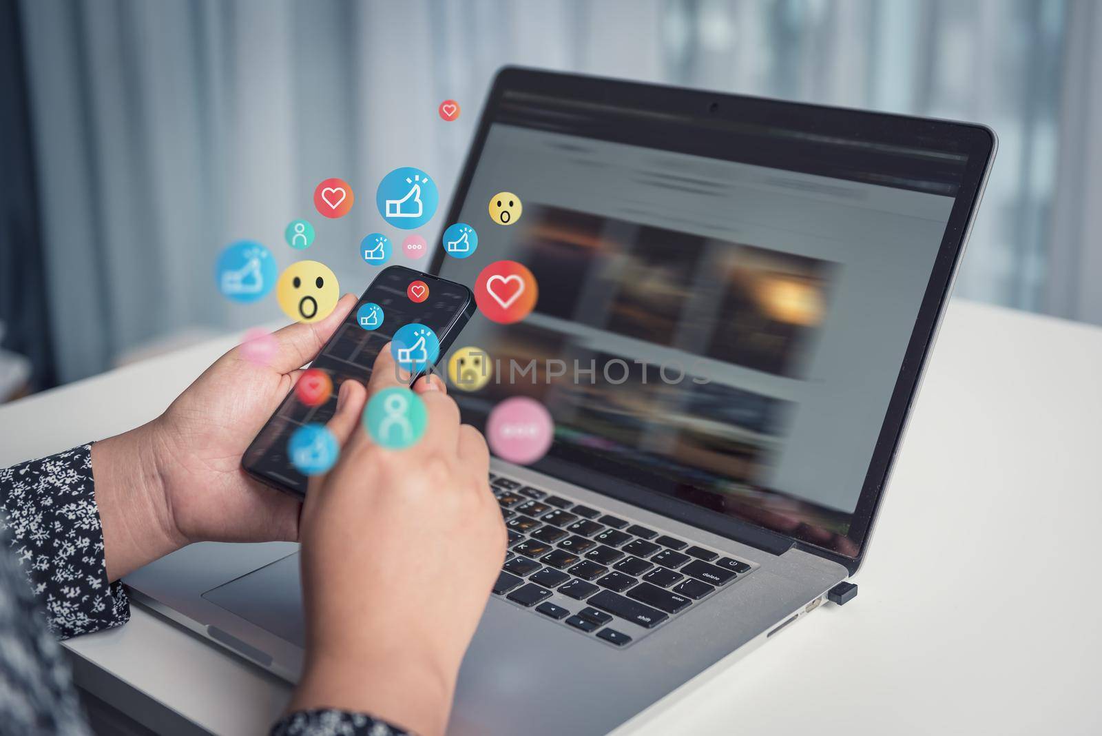 Social Media and Technology Internet Communication Connection Concept. Business Woman's Hands is Using Social Media Via Smartphone With Notification Icon. Technology Digital Media Mobile Phone Network