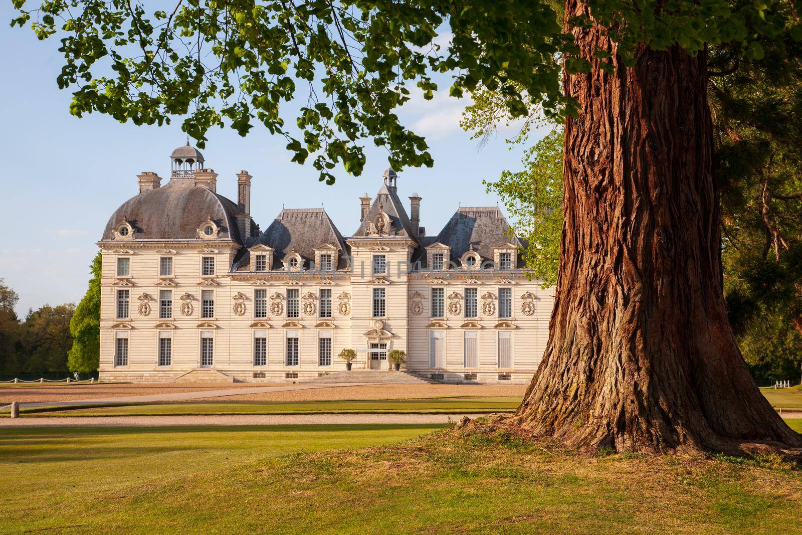 Cheverny, France - april 18 2014:  Castle of Loire valley, elegant Cheverny with beautiful park.