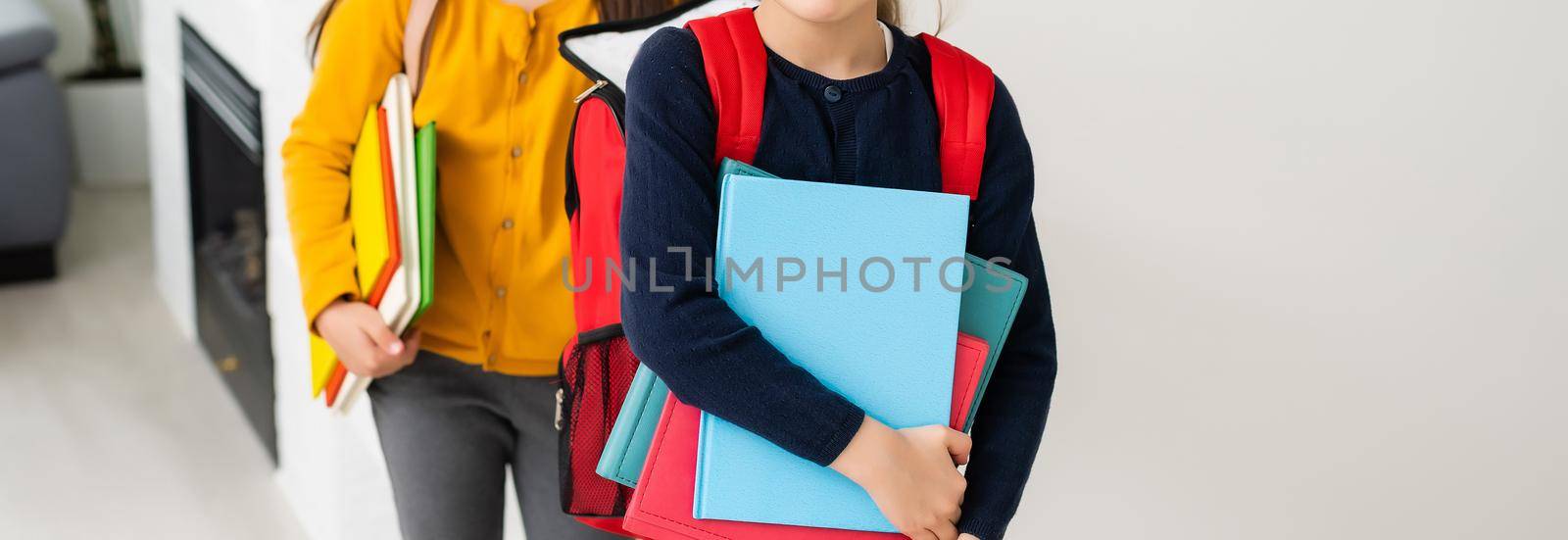 Kids going to school schoolgirls with backpacks, fancy girls concept.