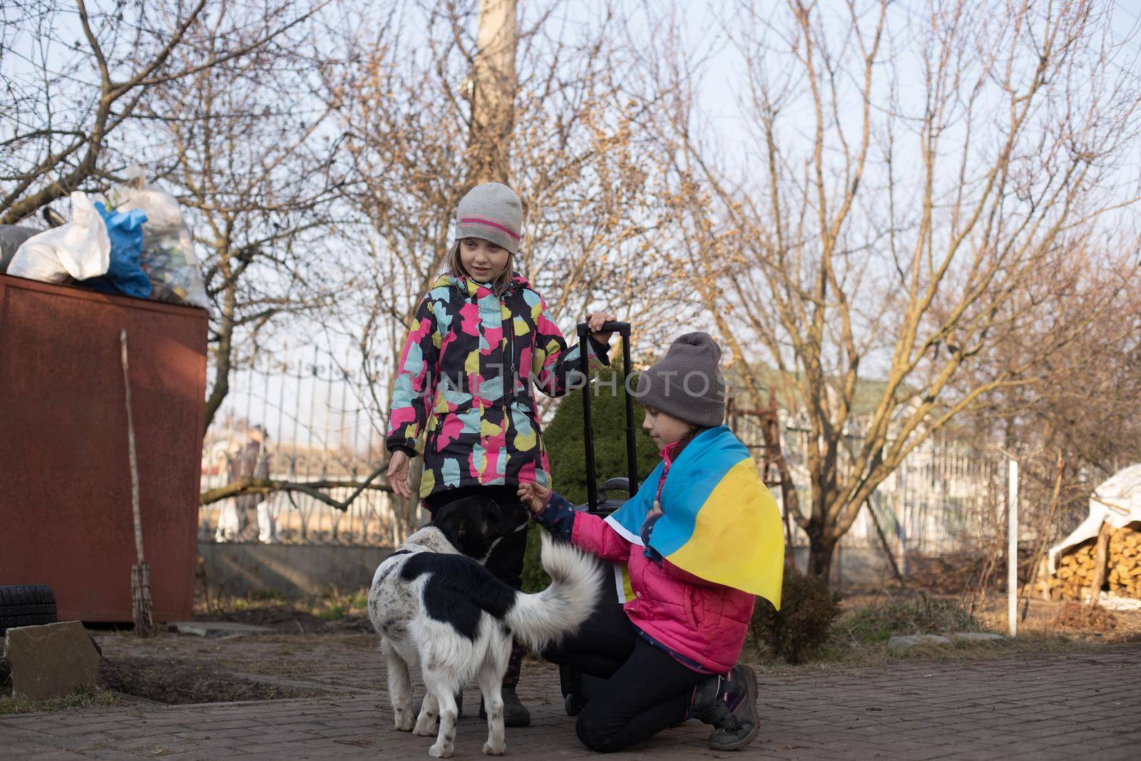 two little girls with the flag of ukraine, suitcase, dogs. Ukraine war migration. Collection of things in a suitcase. Flag of Ukraine, help. Krizin, military conflict