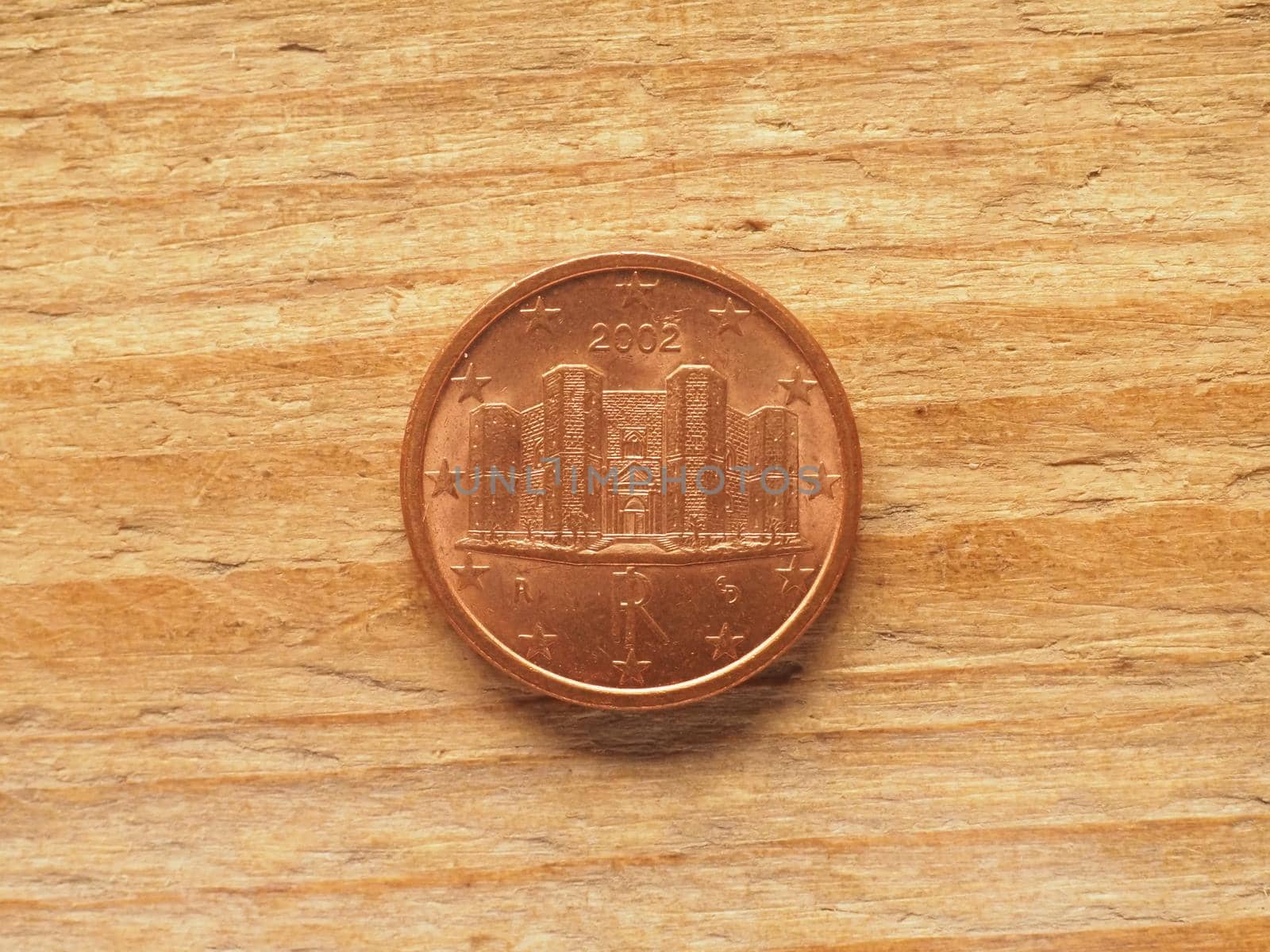 one cent coin, Italian side showing Castel del Monte in Andria currency of Italy, European Union