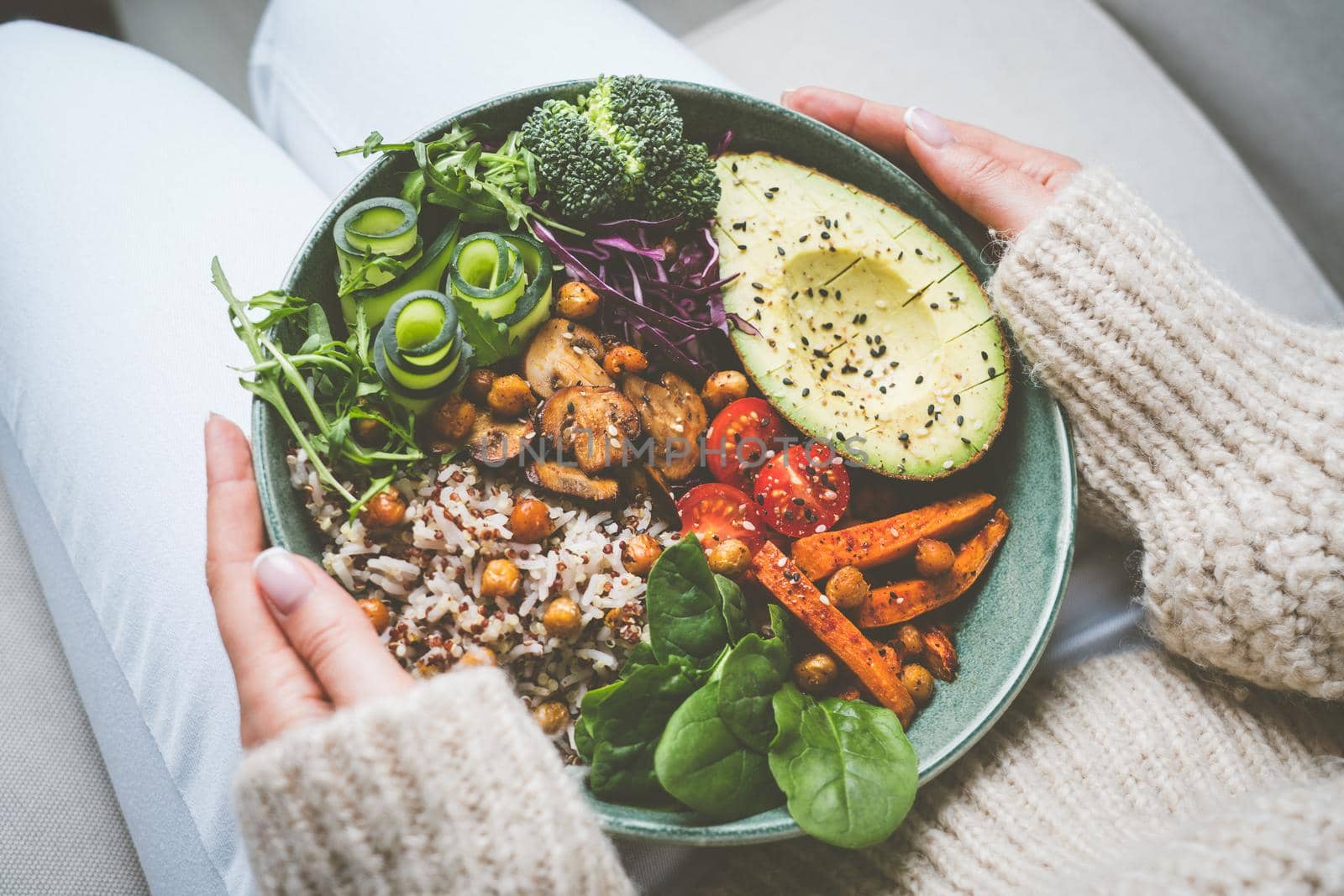 Woman with healthy meal. Bowl with fresh vegetables. Healthy eating or diet. Healthy food plate. High quality photo