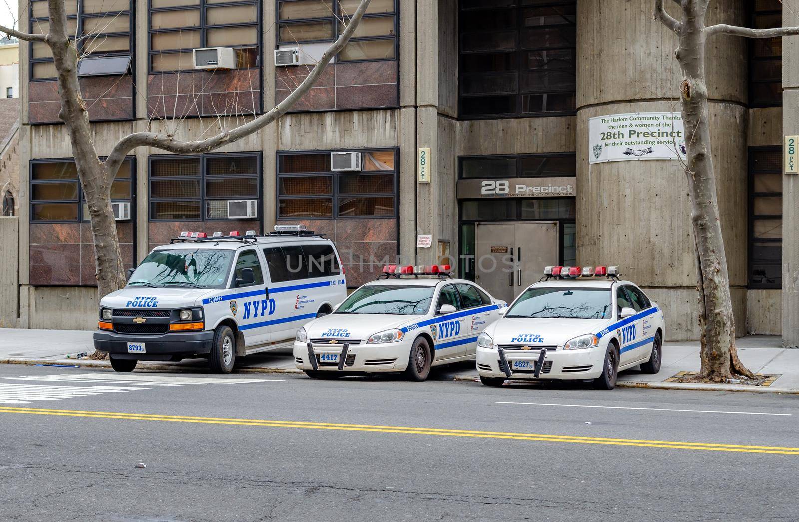 NYPD Different New York Police Department cars parked next to each other at a police station, Harlem, New York City by bildgigant