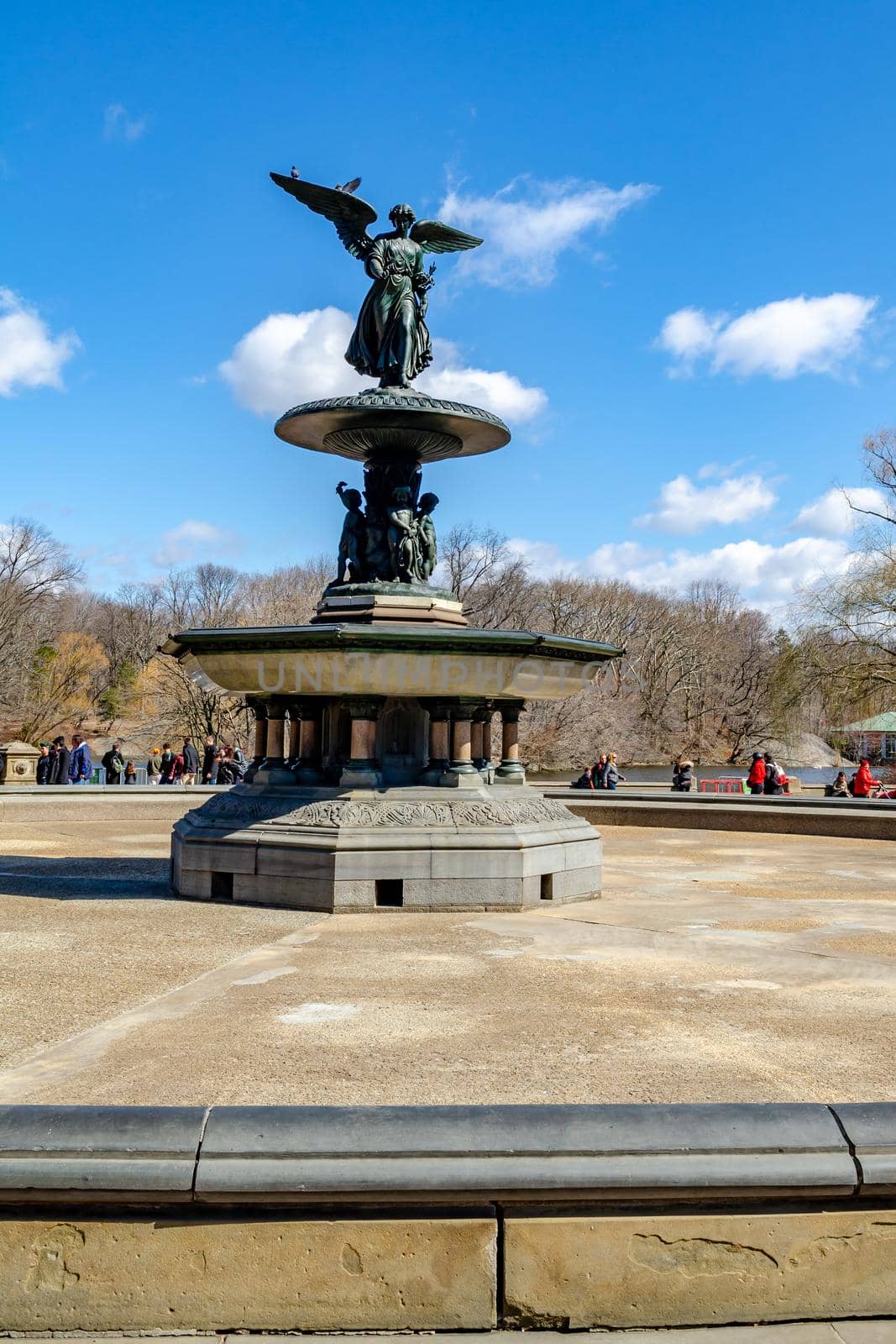 Bethesda Fountain with Angel of the Waters Sculpture, close-up, front view from low angle, Central Park New York during winter, birds sitting on the wing of the angel, people in the background, clear sky, vertical