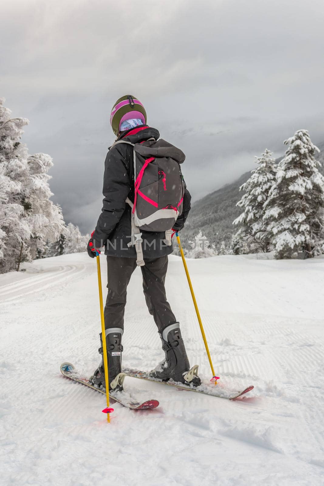 Woman with black ski wear, helmet and backpack skiing down the top of the mountain in ski centre, stryn with clouds and trees in the background, rear view, vertical