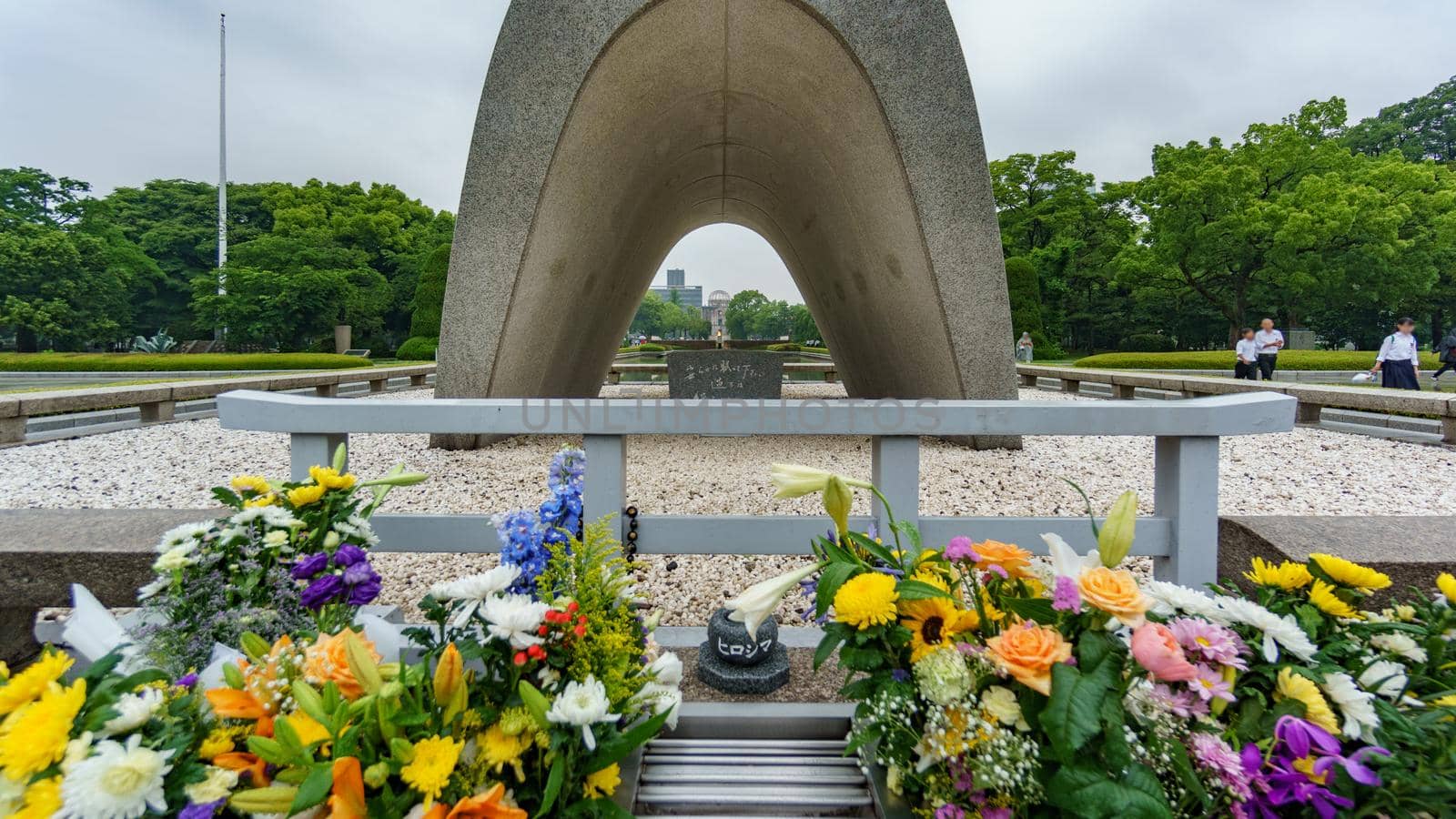 Wide angle view of Hiroshima memorial and Bomb Dome, Japan.