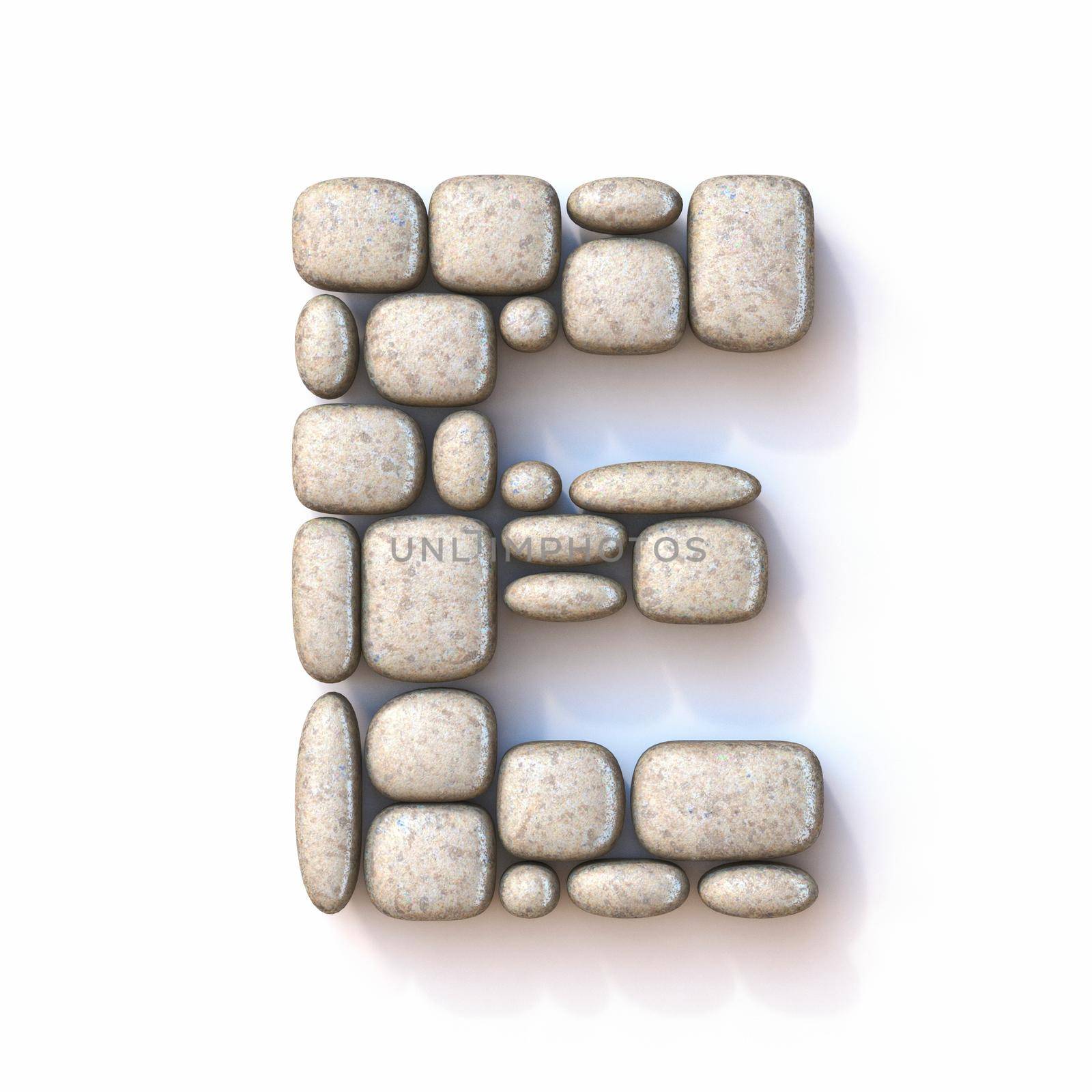 Pebble font Letter E 3D rendering illustration isolated on white background