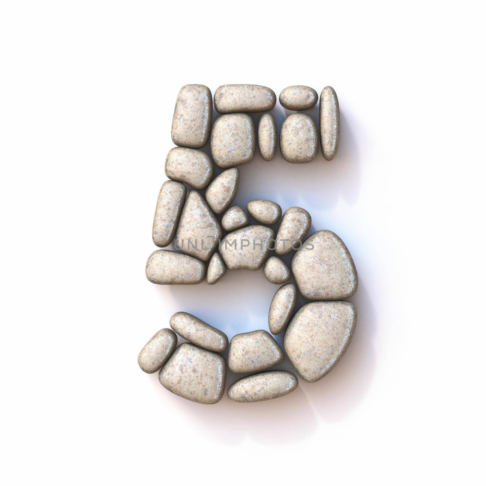 Pebble font Number 5 FIVE 3D rendering illustration isolated on white background