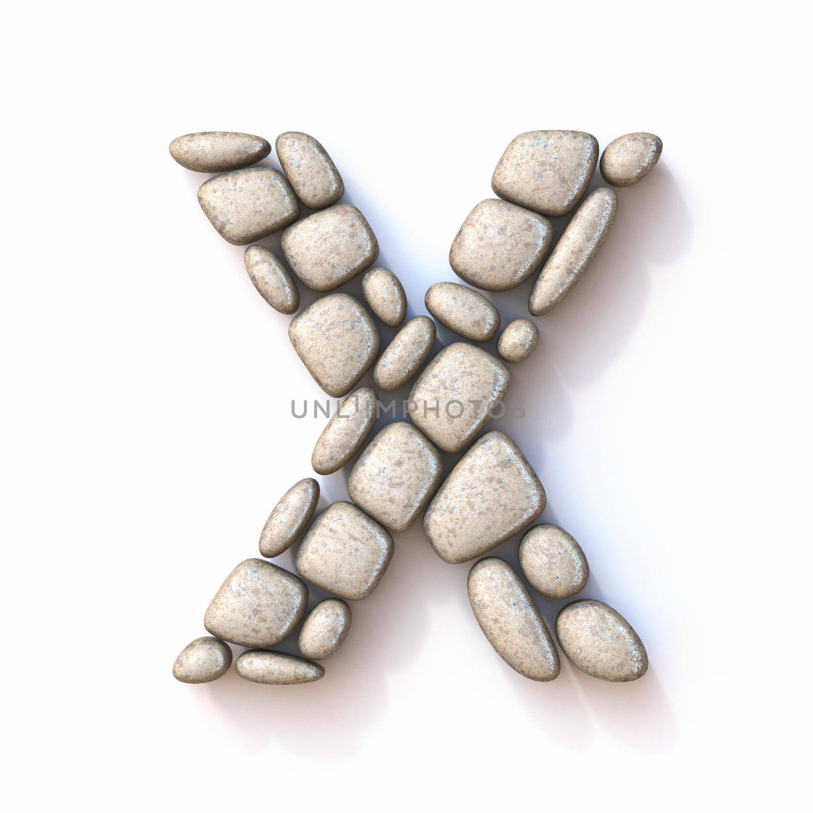 Pebble font Letter X 3D rendering illustration isolated on white background