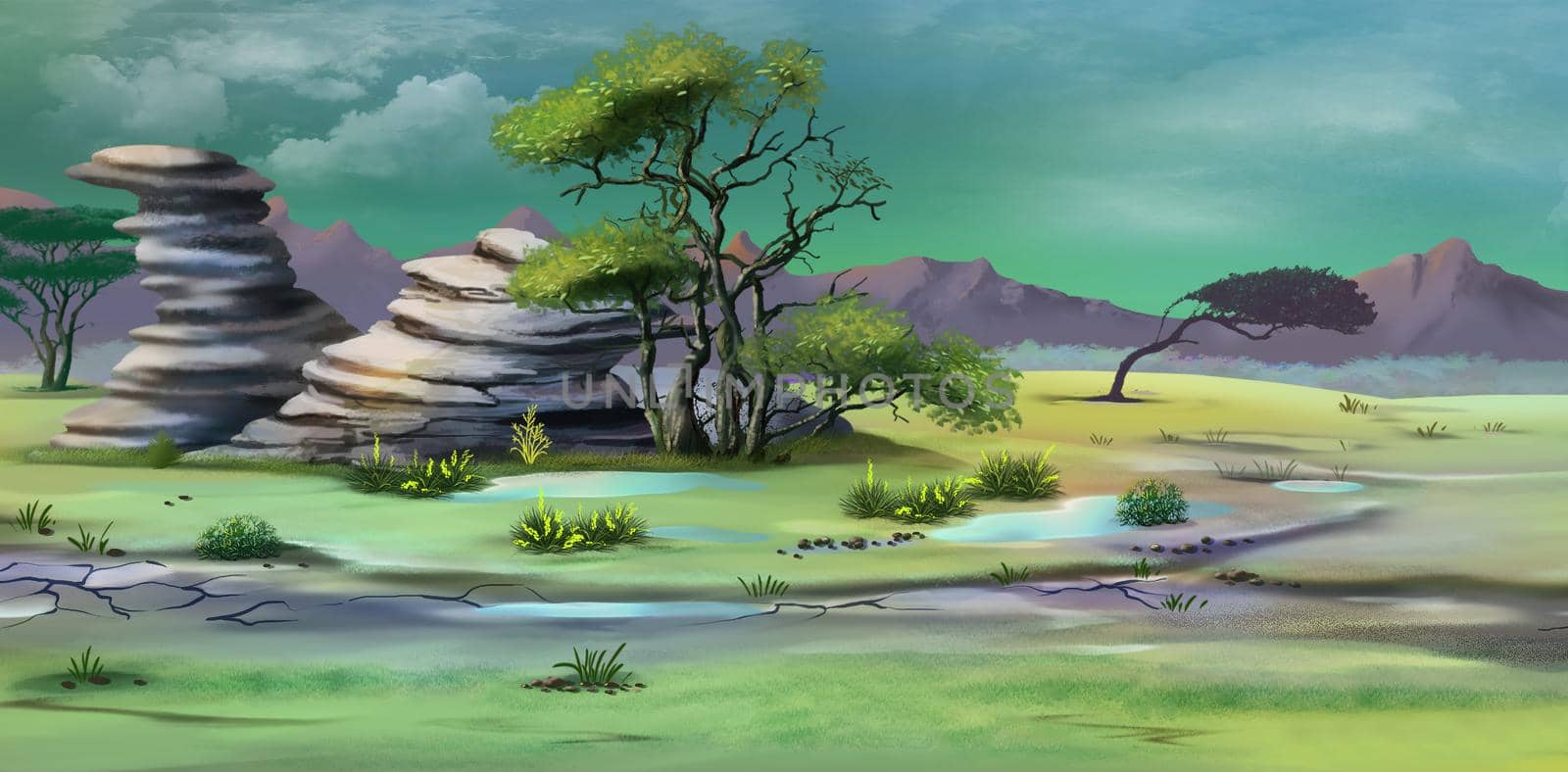 African savannah wildlife after a tropical rainstorm. Digital Painting Background, Illustration.