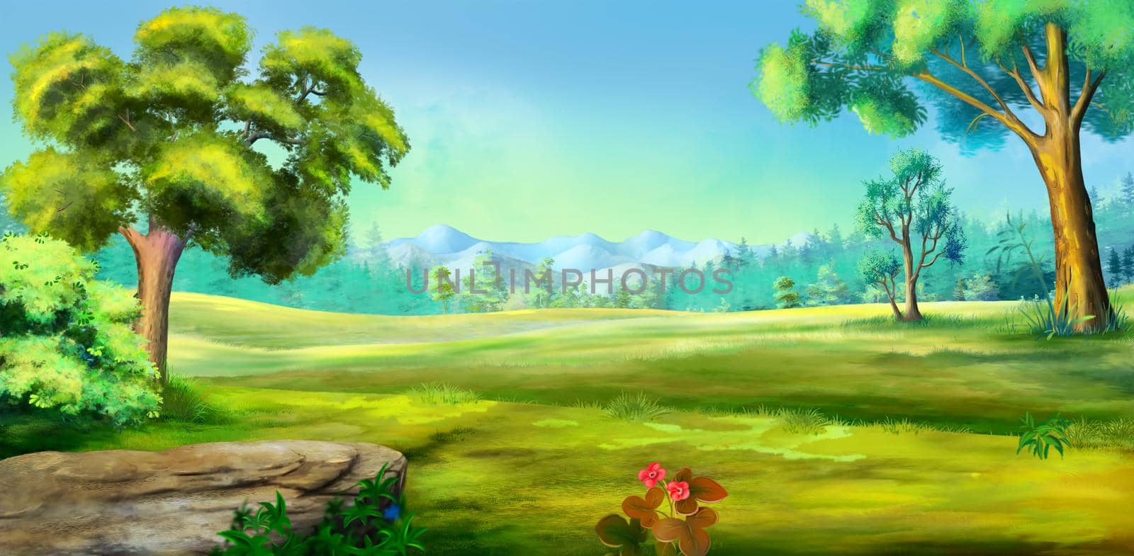 Steppe landscape on a sunny summer day. Digital Painting Background, Illustration.